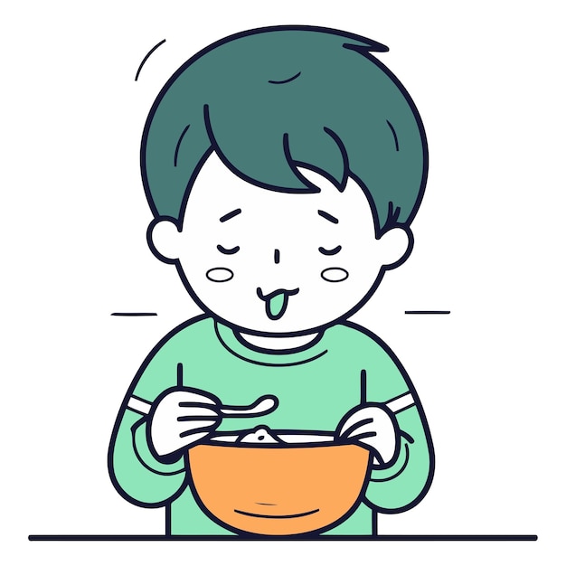 Ilustración de un niño comiendo un plato de comida saludable