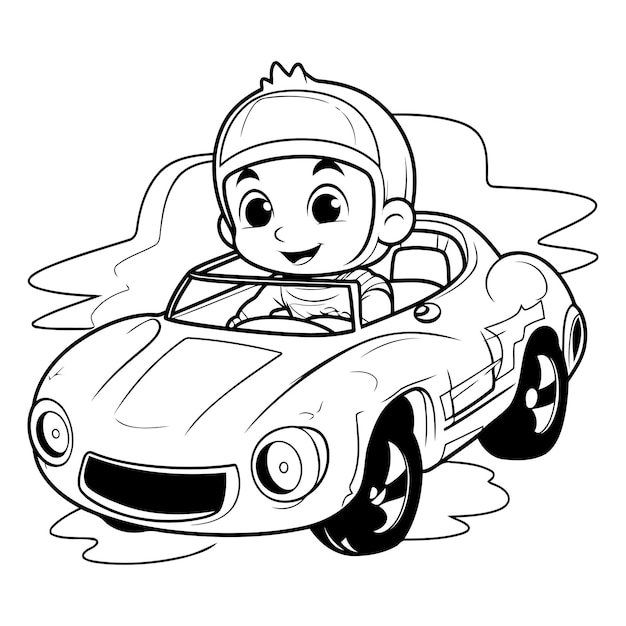 Vector ilustración de un niño conduciendo un coche de época sobre un fondo blanco