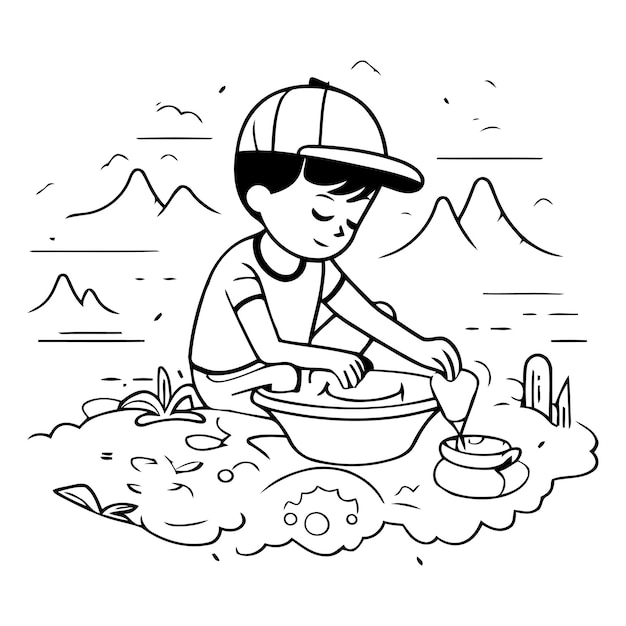Ilustración de un niño en el desierto jugando con arena y agua