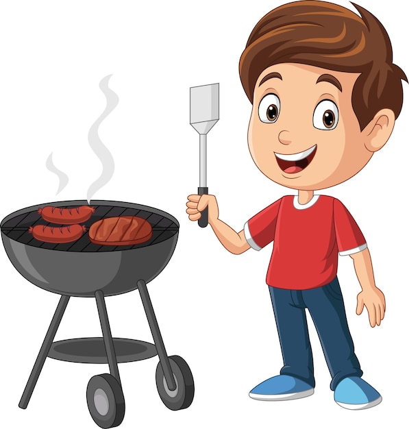 Ilustración de un niño de dibujos animados haciendo comida en la parrilla