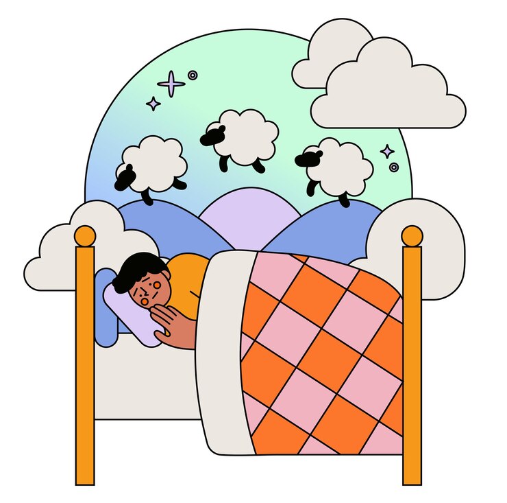Vector ilustración de un niño durmiendo en una cama con nubes y sol