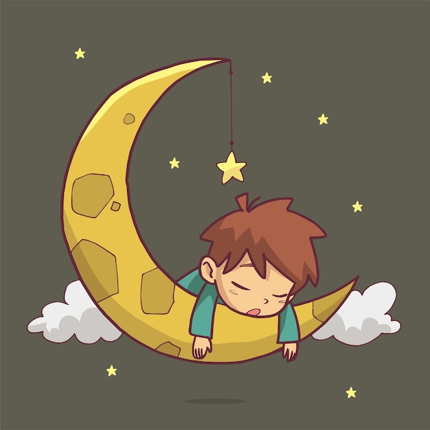 Ilustración de un niño durmiendo en la luna. Arte dibujado a mano