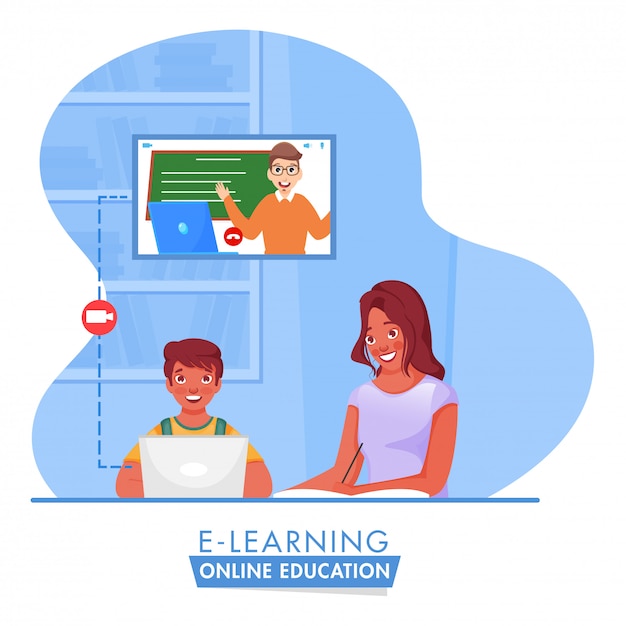 Ilustración de un niño con educación en línea desde una computadora portátil cerca de una niña escribiendo en un libro para detener el coronavirus.