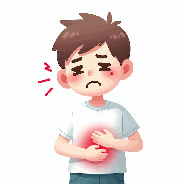 Vector ilustración de un niño enfermo con dolor de estómago