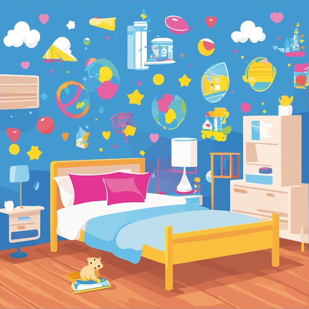 Vector ilustración niño habitación cama mesa oso dibujos animados