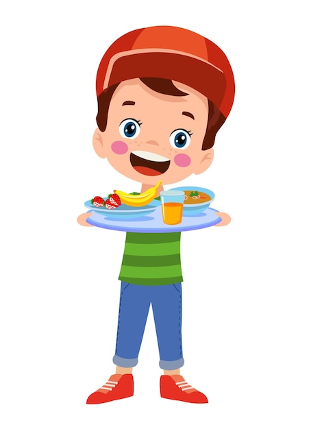 ilustración, de, un, niño joven, tenencia, un, bandeja