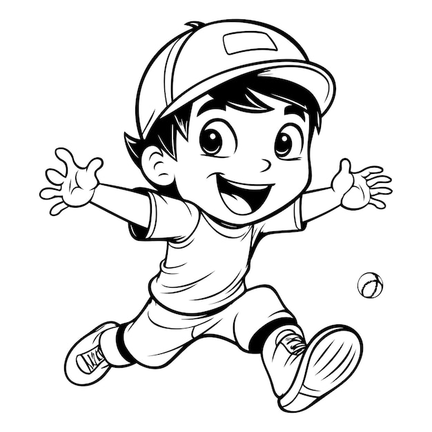 Ilustración de un niño jugando al béisbol al estilo de dibujos animados en blanco y negro