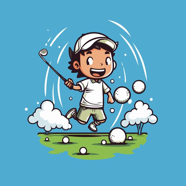 Vector ilustración de un niño jugando al golf en un campo de golf ilustración vectorial