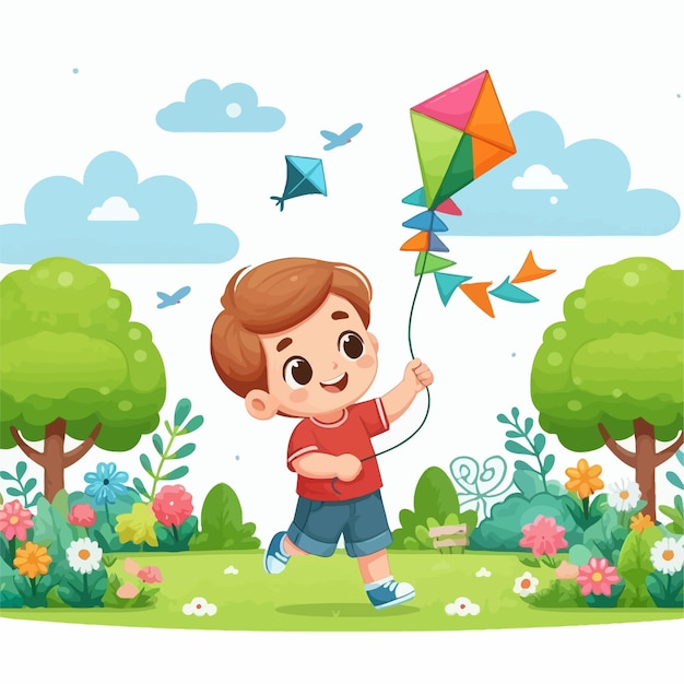 Vector ilustración de un niño jugando a kate en el parque