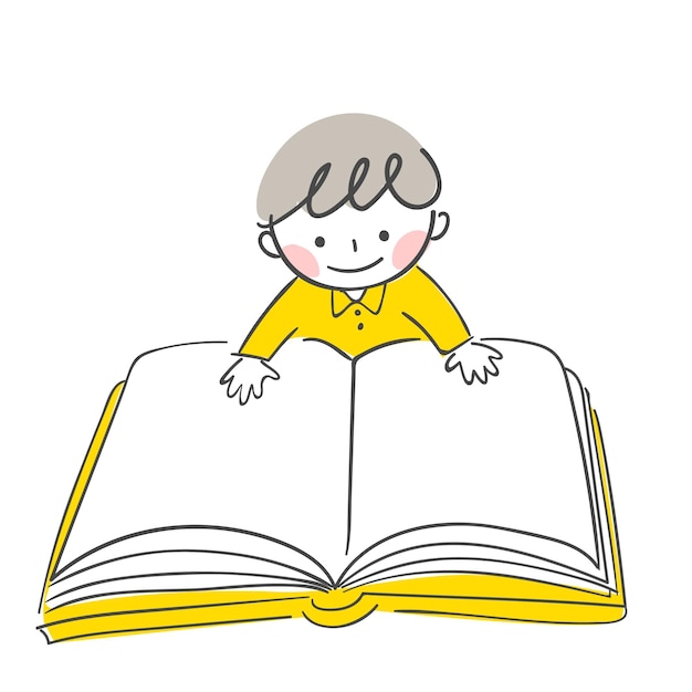 Una ilustración de un niño leyendo un libro grande