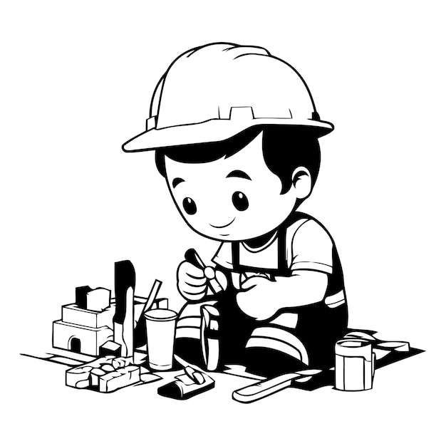 Ilustración de un niño lindo trabajando con herramientas de construcción Vector