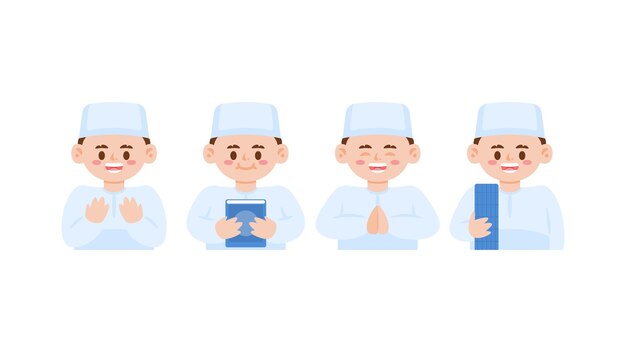 Ilustración de un niño musulmán feliz orando sosteniendo un libro de saludos de carácter lindo en estilo plano