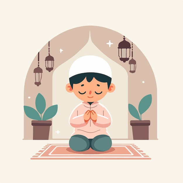Ilustración de un niño musulmán orando diseño plano y minimalista