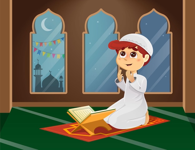 Ilustración de un niño musulmán orando en una mezquita
