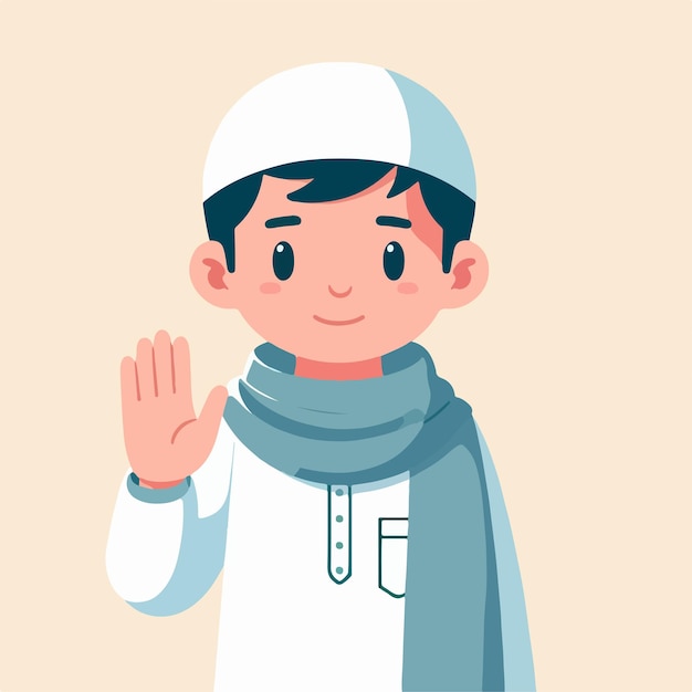 Ilustración de un niño musulmán saludando con un estilo de diseño plano simple y minimalista