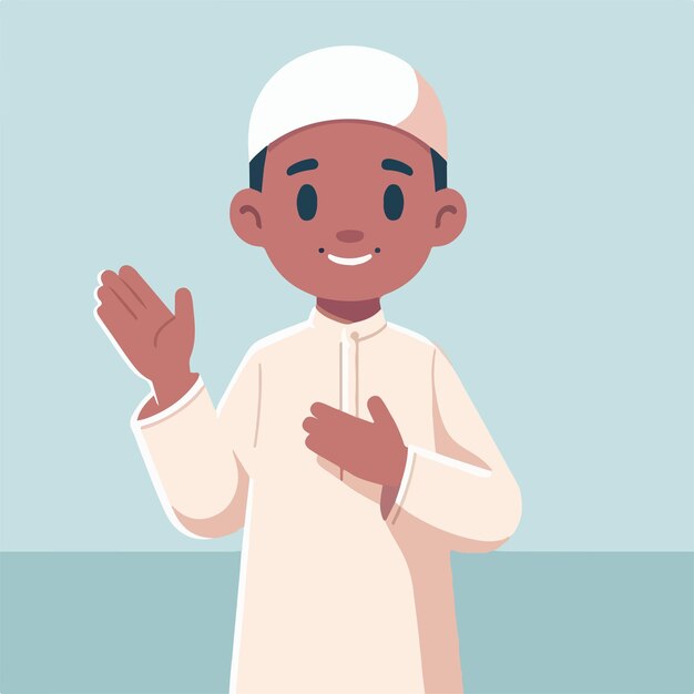 Ilustración de un niño musulmán saludando con un estilo de diseño plano simple y minimalista