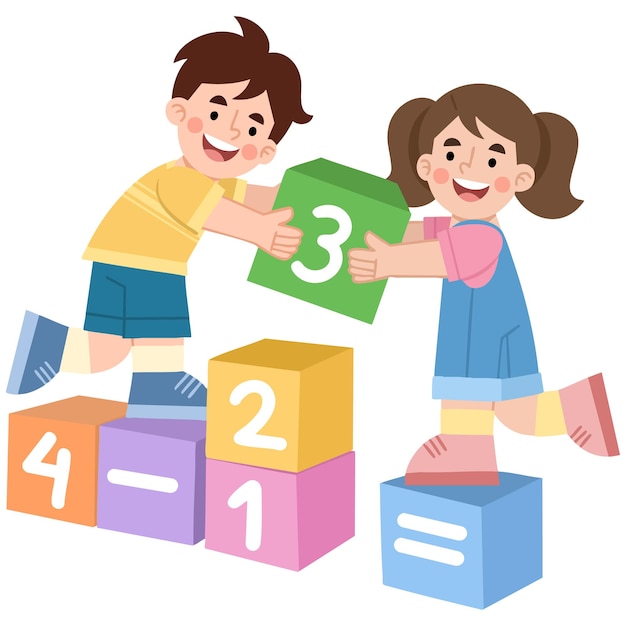 Ilustración de un niño y una niña jugando con bloques de números