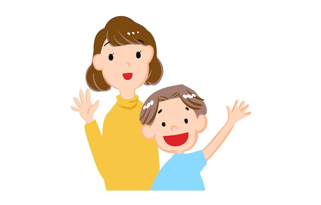 Ilustración de niño y niña saludando