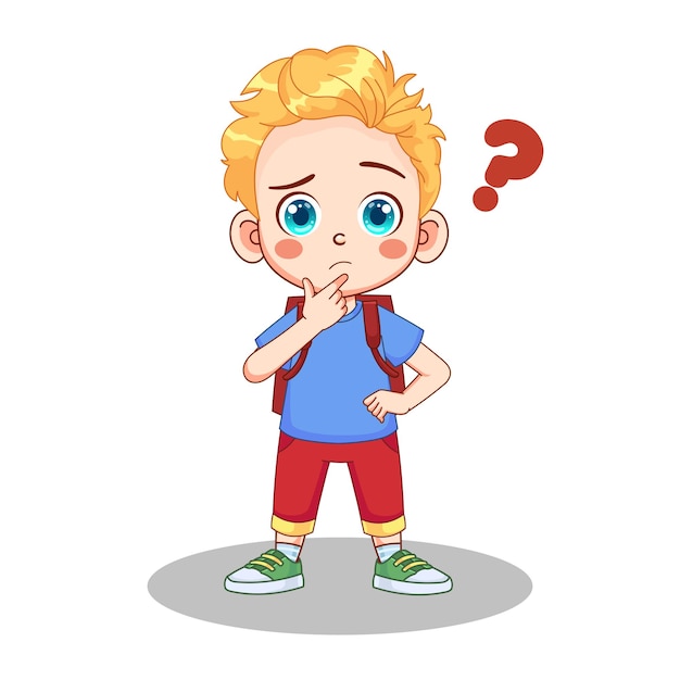 Ilustración de un niño pensando en una pregunta. Niño llorando con una mochila.