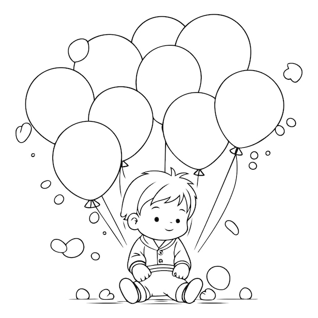 Vector ilustración de un niño pequeño sentado en el suelo con globos