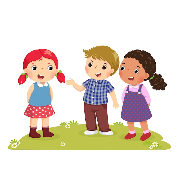 Vector ilustración de un niño presentando a su amigo a la niña