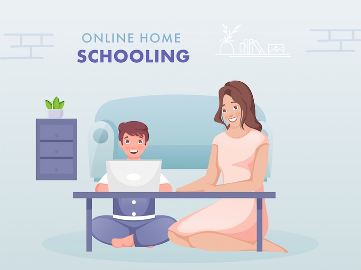 Vector ilustración de un niño que tiene un estudio en línea desde una computadora portátil cerca de una mujer moderna sentada en la sala de estar para prevenir el coronavirus.