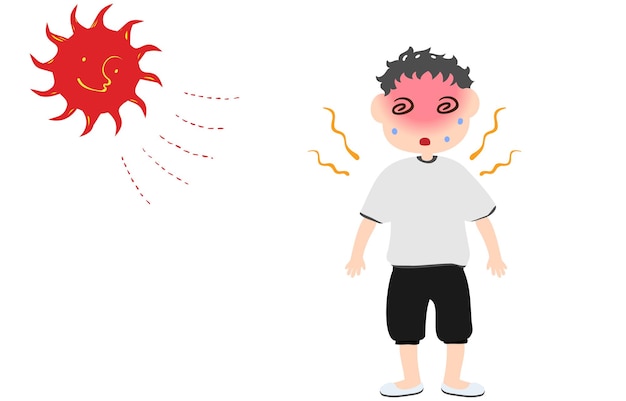 Vector ilustración de un niño que tiene mareos debido a un golpe de calor