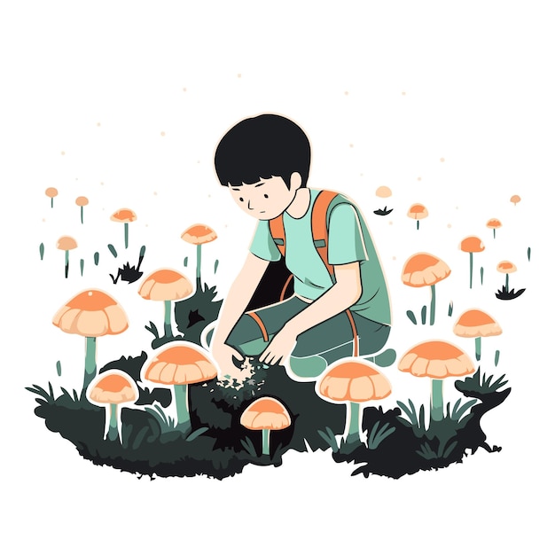 Vector ilustración de un niño recogiendo setas en el jardín