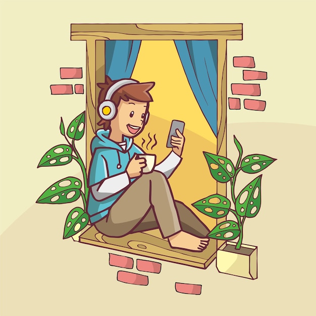 Ilustración de niño relajándose en la ventana con auriculares mientras bebe café. arte dibujado a mano