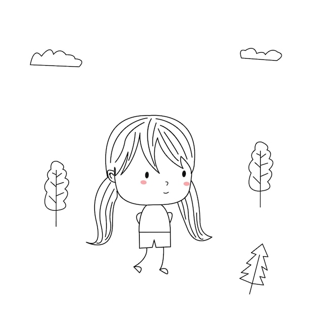 Ilustración de niño simple y lindo en estilo de arte de línea de pie tímido