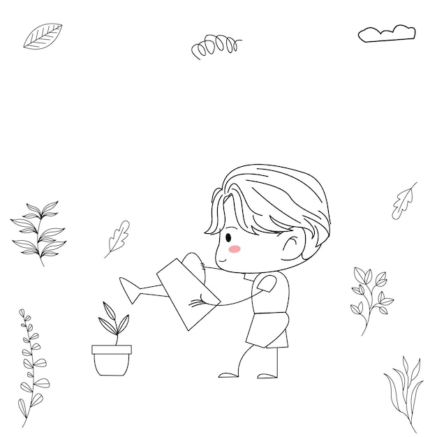 Ilustración de niño simple y lindo en estilo de arte de línea regando flores