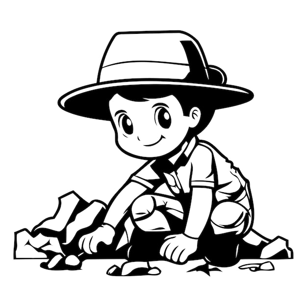 Vector ilustración de un niño con un sombrero de safari agachado en las rocas