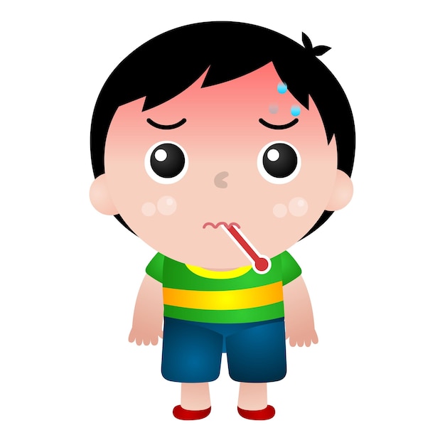 Ilustración de un niño en varias poses enfermo dolor de estómago secreción nasal