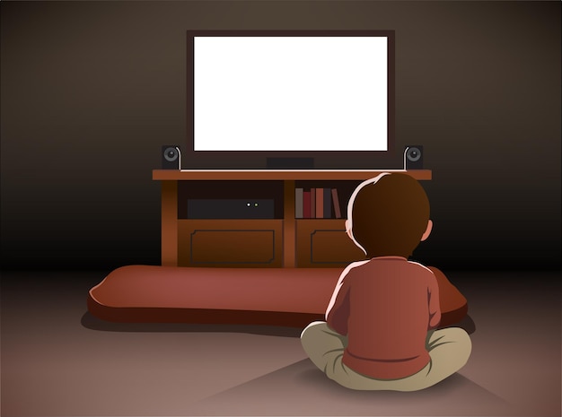 Ilustración de niño viendo la televisión en el cuarto oscuro