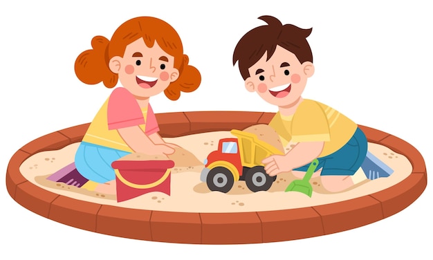 Ilustración de niños alegres jugando en una caja de arena