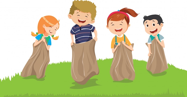 Vector ilustración de niños divirtiéndose con sacos en un prado