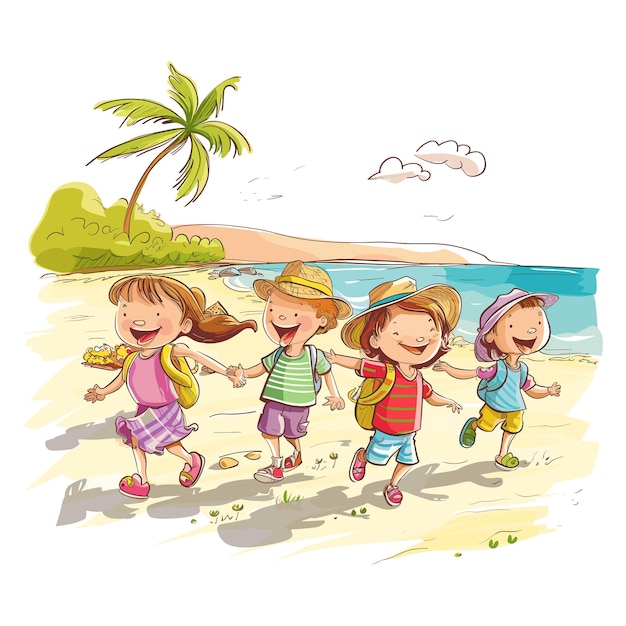 Ilustración de niños felices tomados de la mano en un paseo por la playa soleada