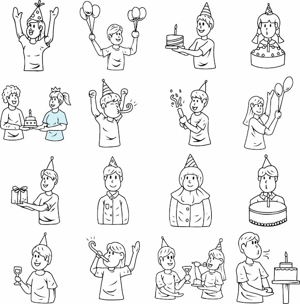 Ilustración de los niños de la fiesta de cumpleaños celebrando en varias actividades divertidas