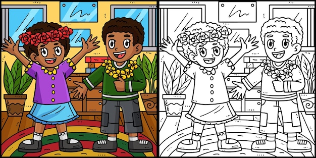 Ilustración de los niños con flores