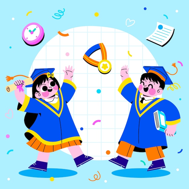 Ilustración de niños de graduación plana