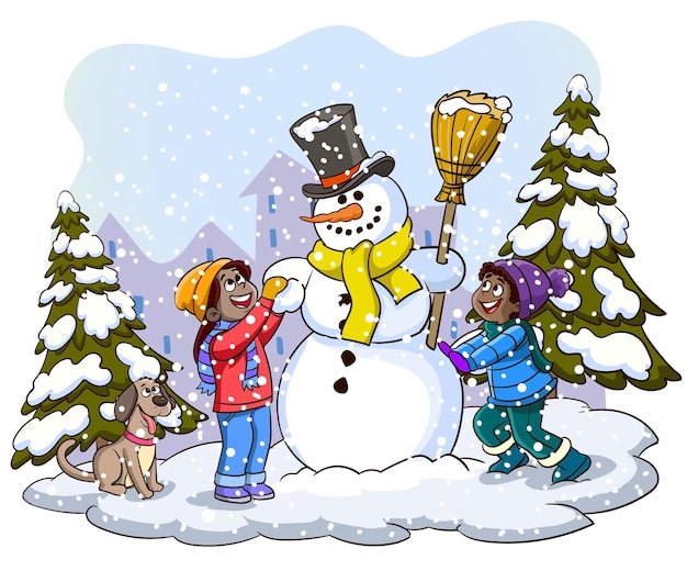 Ilustración de niños haciendo un muñeco de nieve