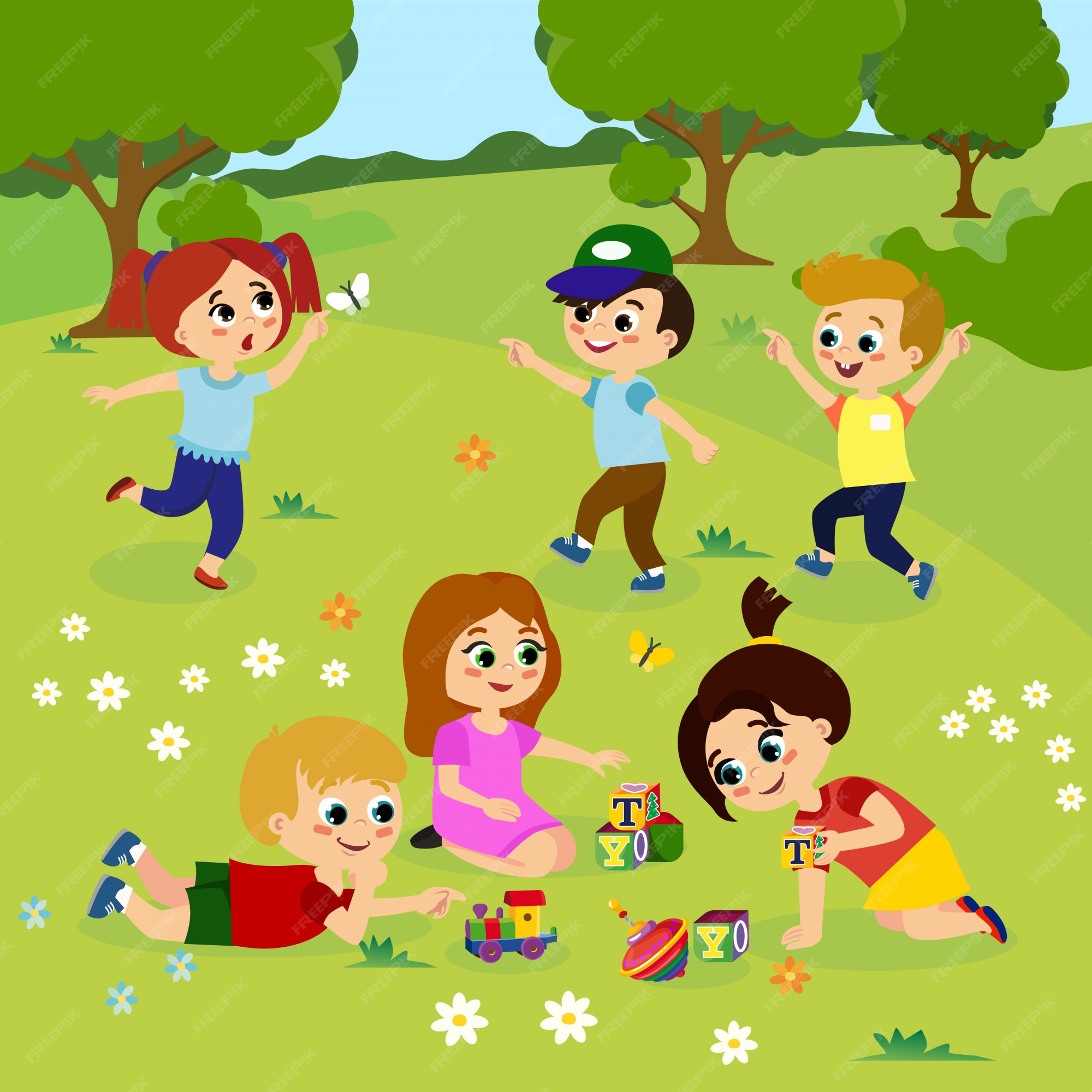 Ilustración de niños jugando afuera en la hierba verde con flores, árboles.  niños felices jugando en el patio con juguetes en estilo plano de dibujos  animados. | Vector Premium