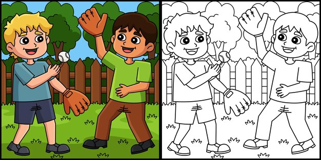 Ilustración de niños jugando al béisbol atrapando la pelota