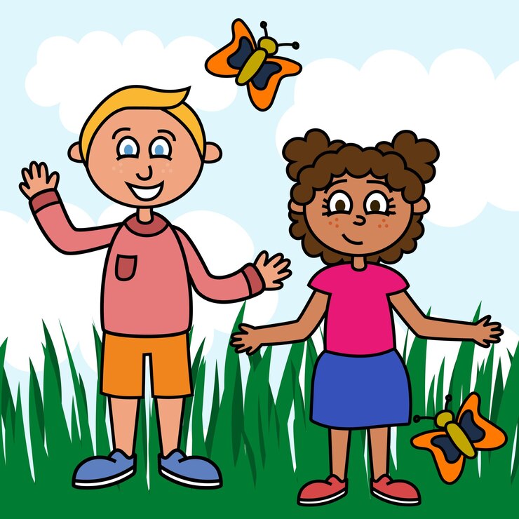 Ilustración de niños jugando en la hierba