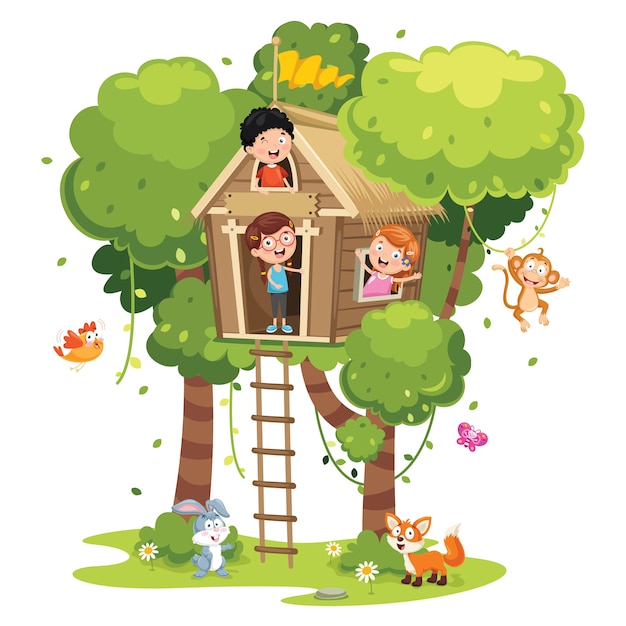 Ilustración de niños jugando en tree house