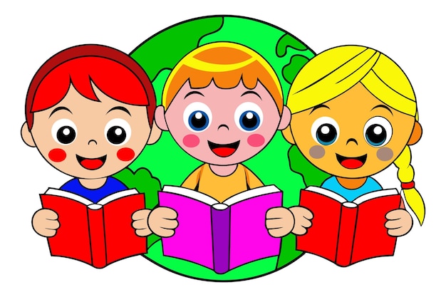Ilustración de niños leyendo cerca de libros y el planeta Tierra Niños y niñas felices inmersos en libros