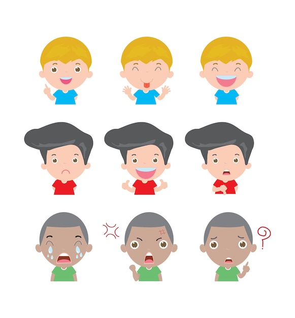Ilustración de niños de personaje de dibujos animados con diferentes emociones aisladas