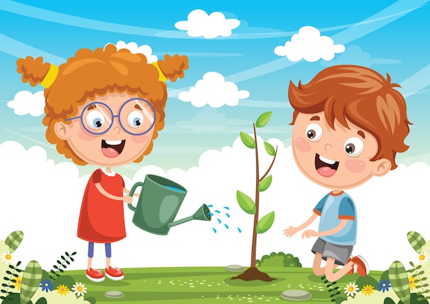 Vector ilustración de niños plantando