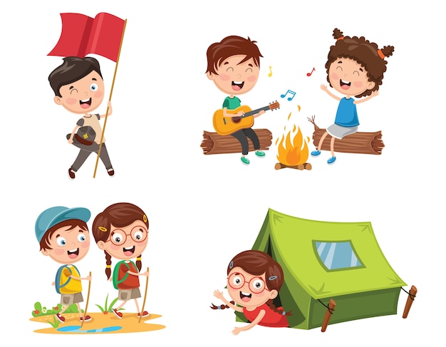 Ilustración de niños que acampan