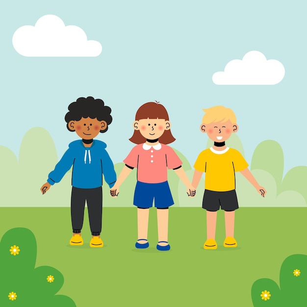 Vector ilustración de niños que se sostienen y caminan juntos